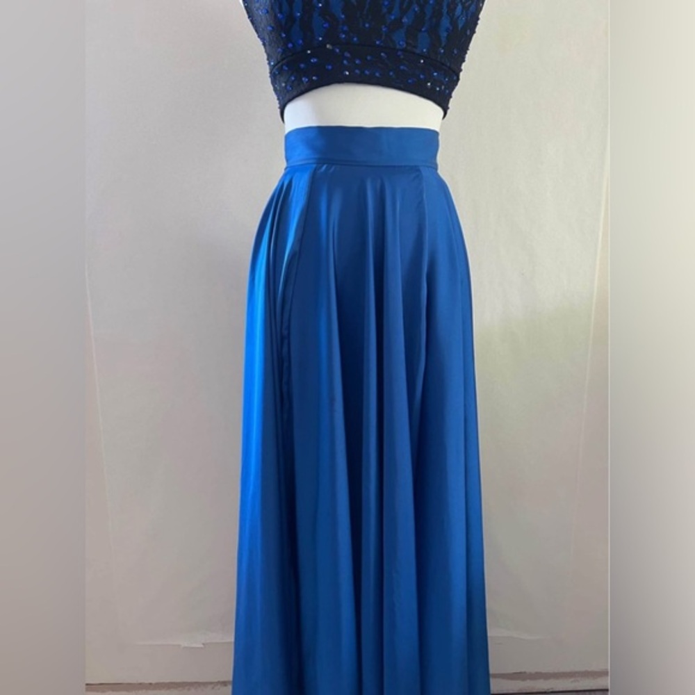 Blue Pleated Maxi Skirt with rhinestoned hunter top